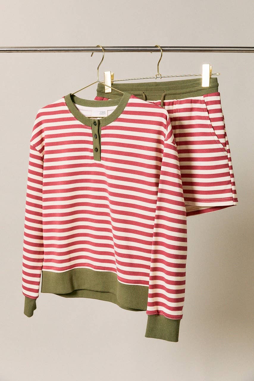 Henley Neck Contrast Trim Striped Sweatshirt