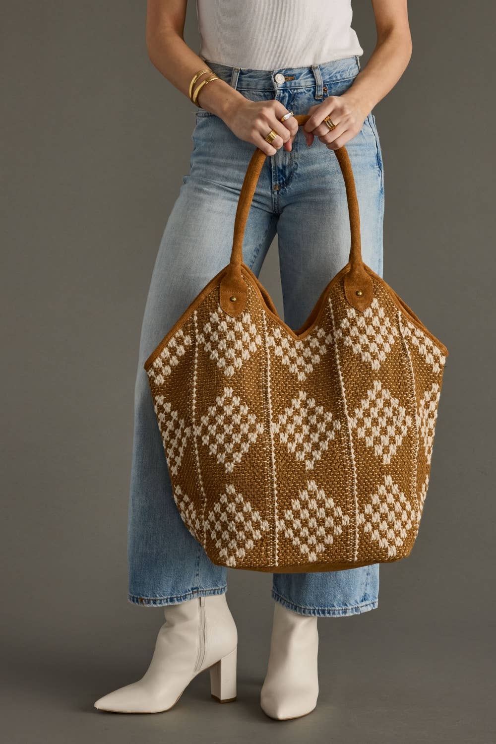 Brown & Cream Diamond-Pattern Tote