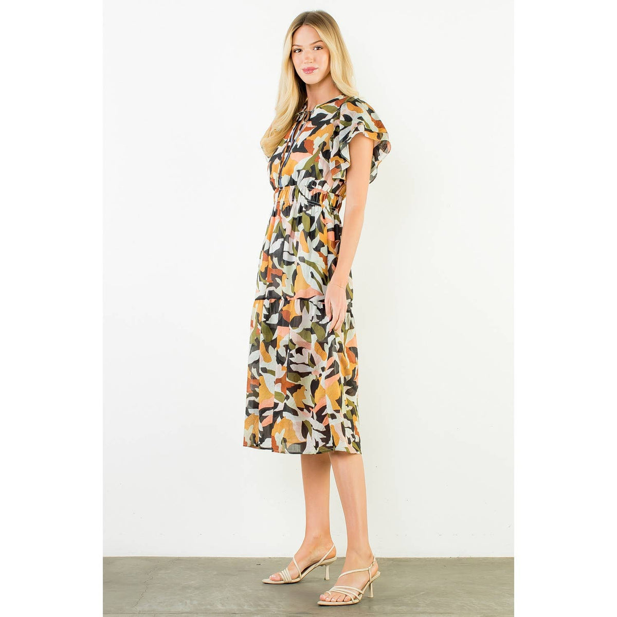 THML Olive Abstract Flowy Maxi Dress