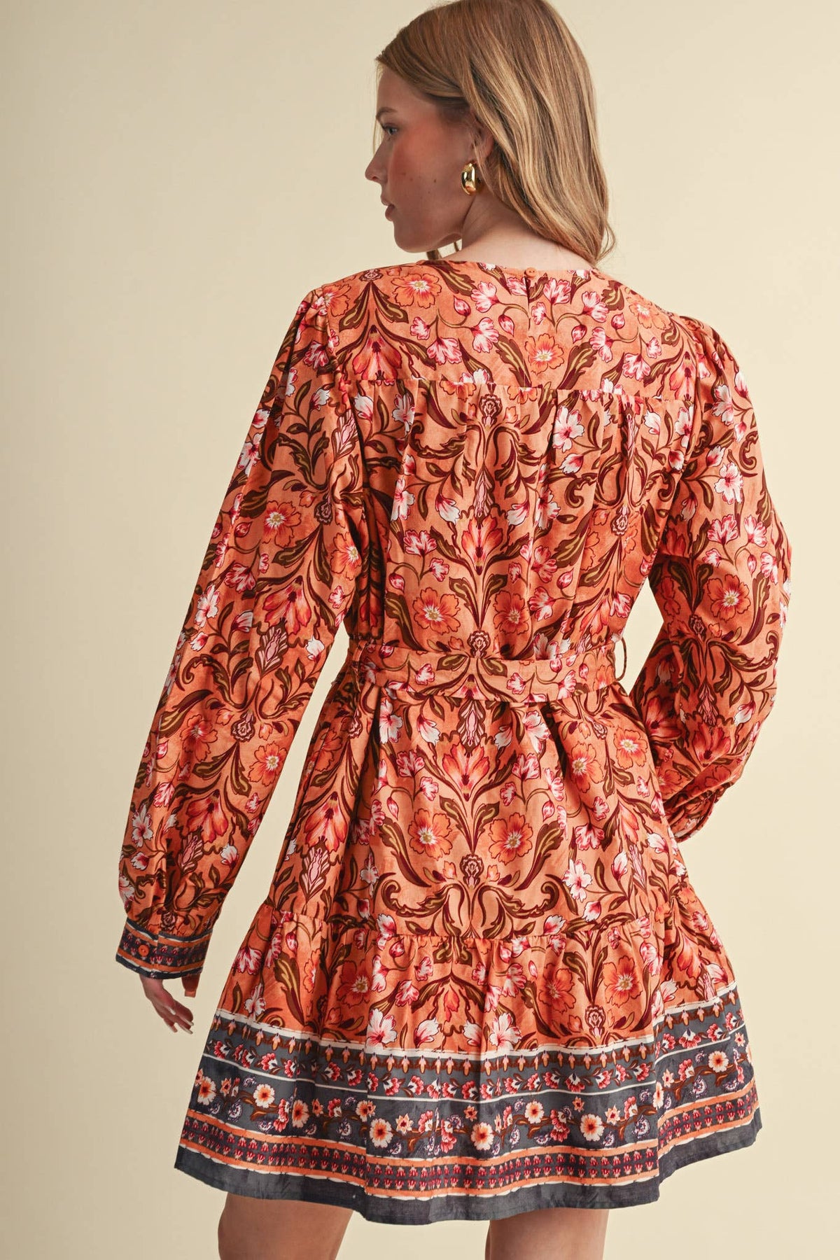 &MERCI Floral Border Print Belted Mini Dress - Brown/Olive Multi