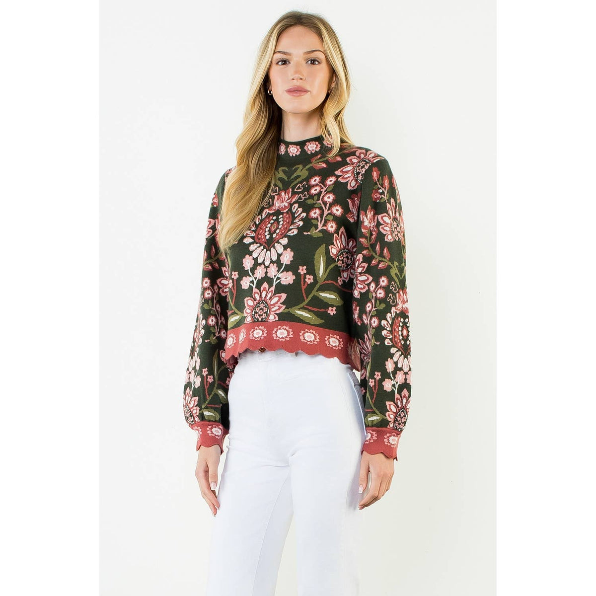 THML Olive High Neck Floral Sweater
