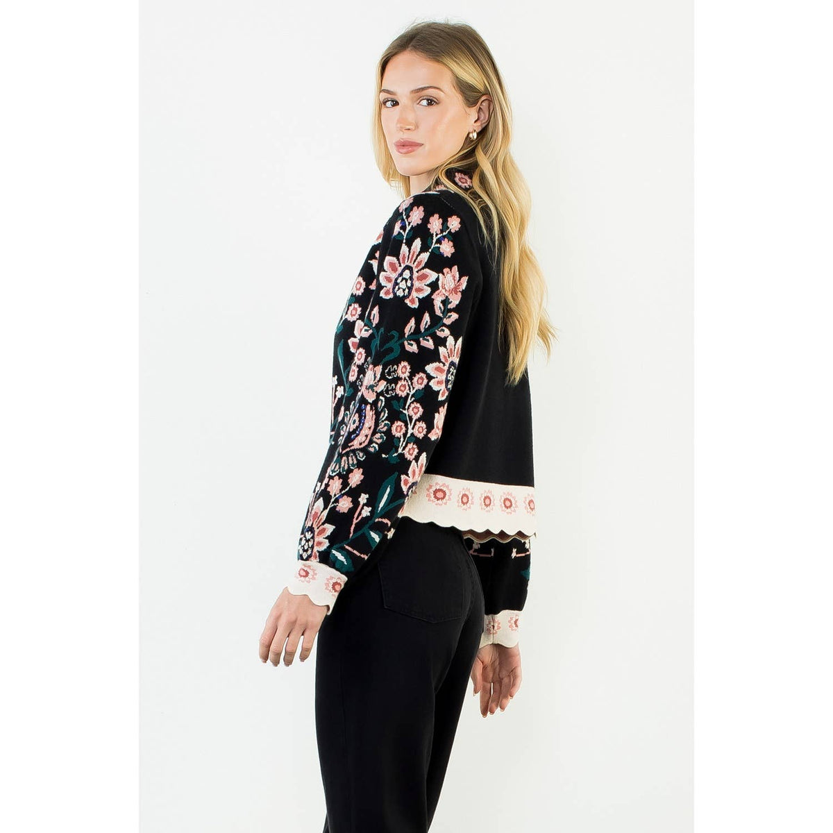 THML Olive High Neck Floral Sweater