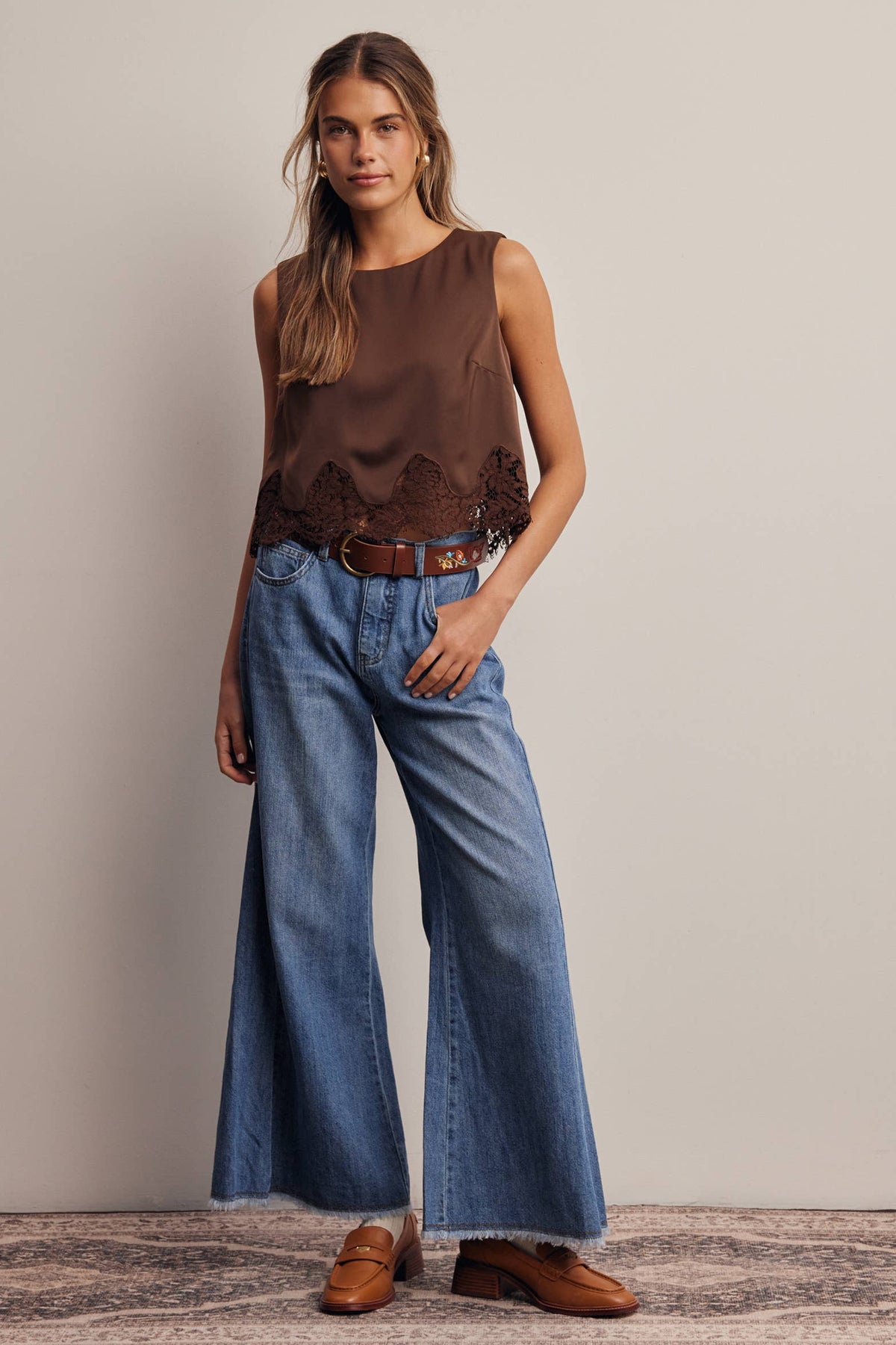 Forte Satin Lace-Hem Sleeveless Top - Slate Blue