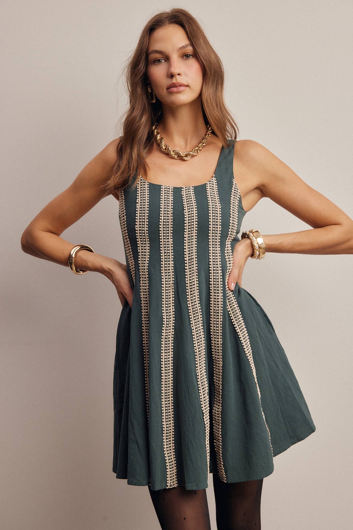 Forte Embroidered Stripe Fit & Flare Mini Dress - Dark Green