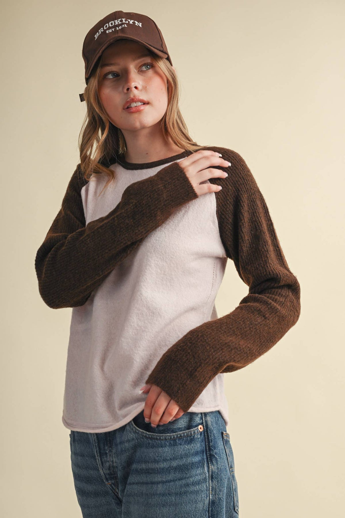 &MERCI Blue/White Sweater Knit Raglan Baseball Tee