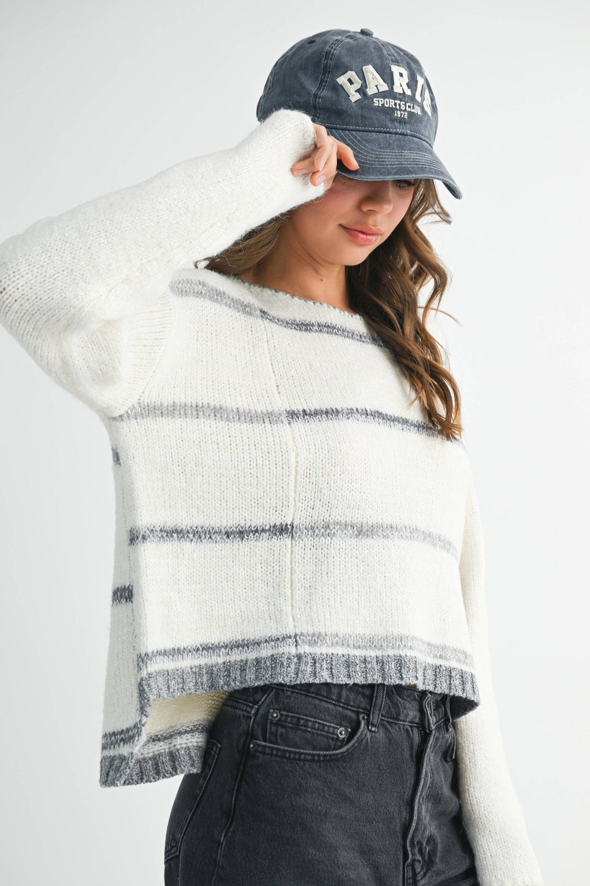 AEMI + CO Mona Striped Knit Pullover Sweater - White/Gray