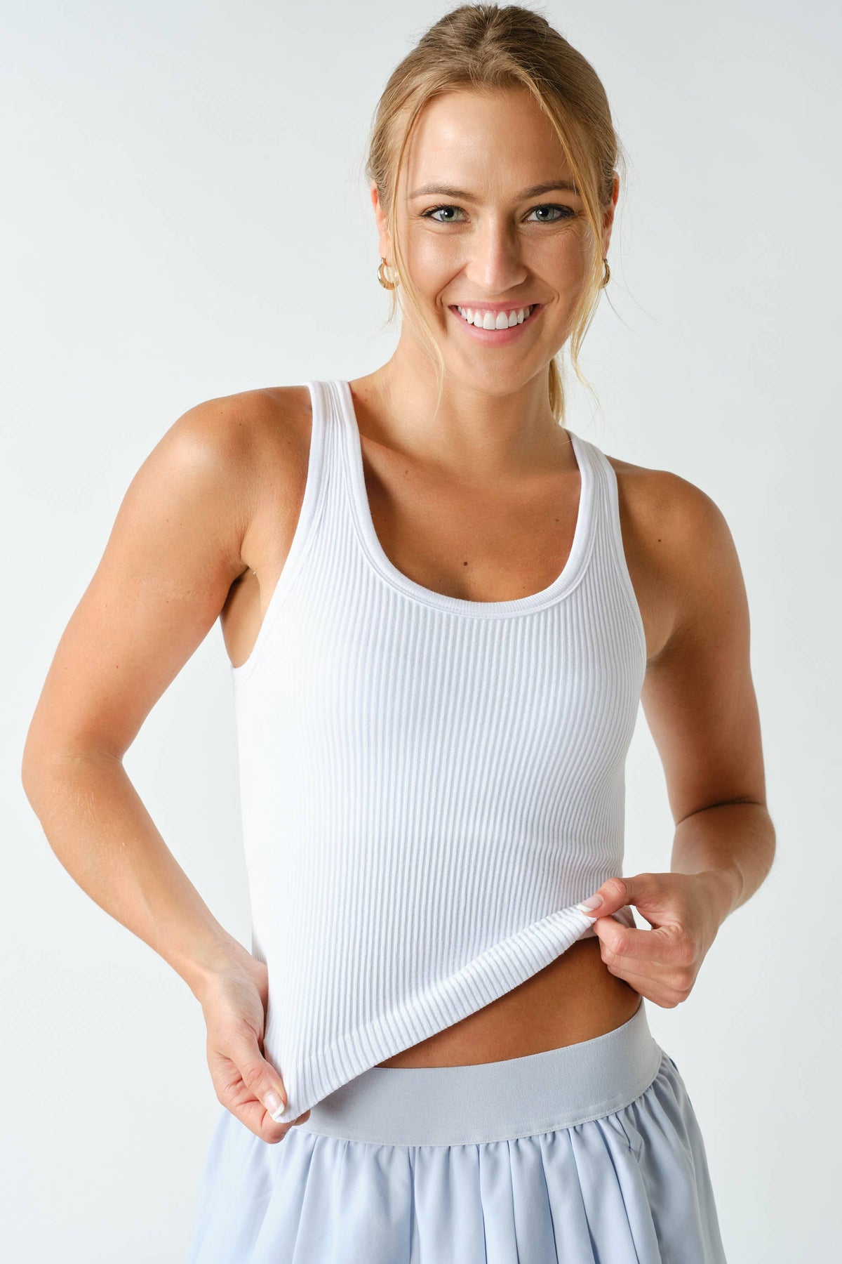 White Ribbed Scoop-Neck Cropped Tank with Built-In Bra