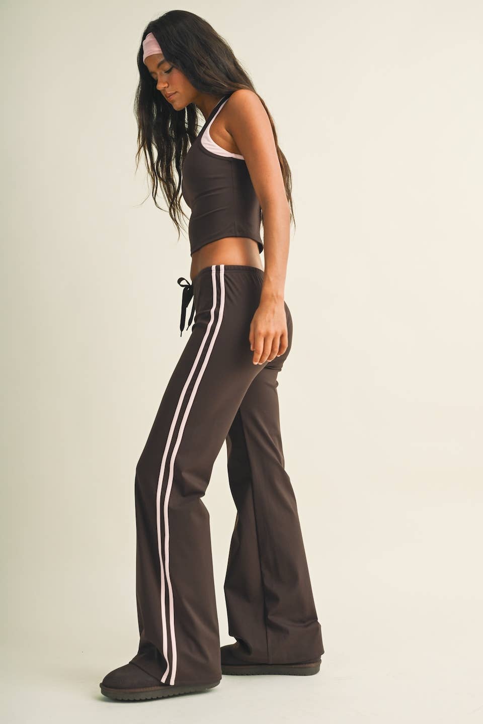 GLOWIE Side Stripe Low-Rise Straight-Leg Pants - Dark Chocolate