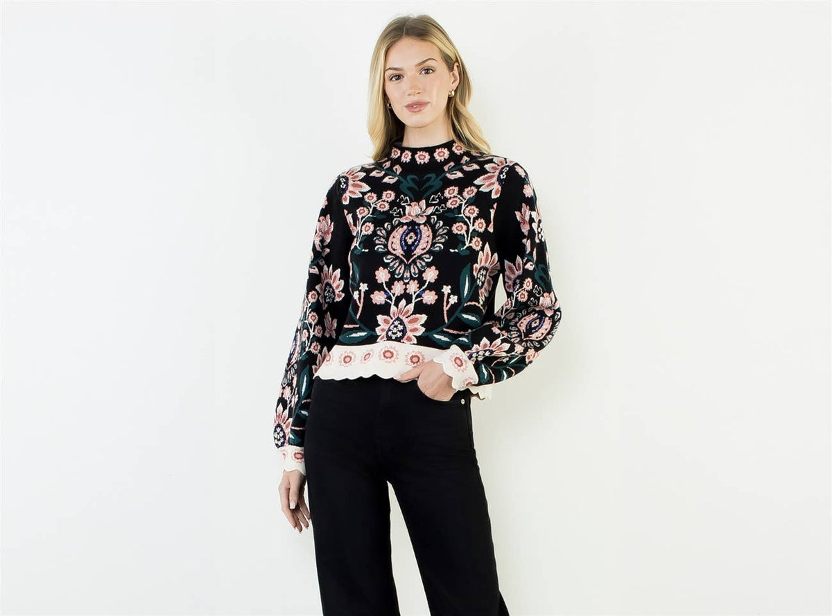 THML Olive High Neck Floral Sweater
