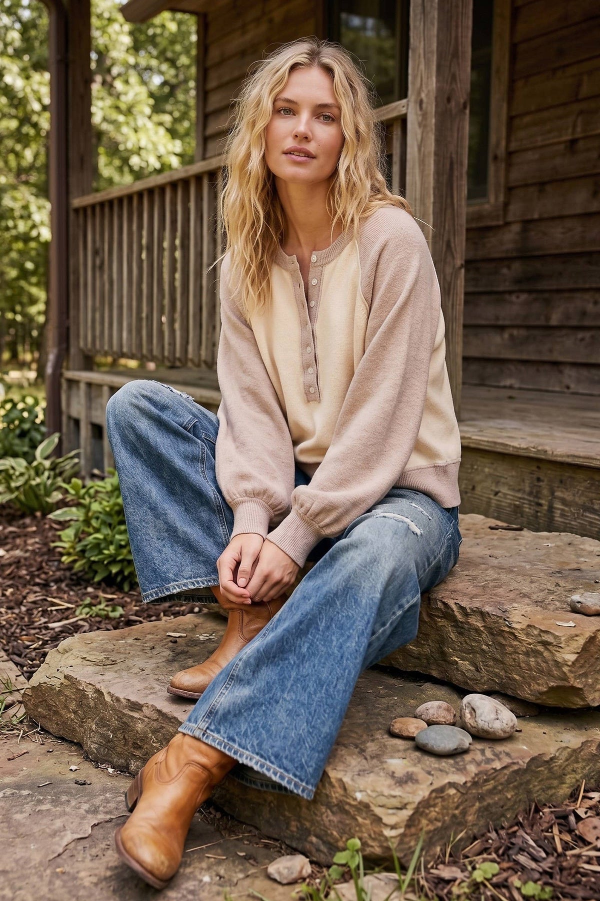 Sewn and Seen Taupe/Cream Color Block Henley Sweater