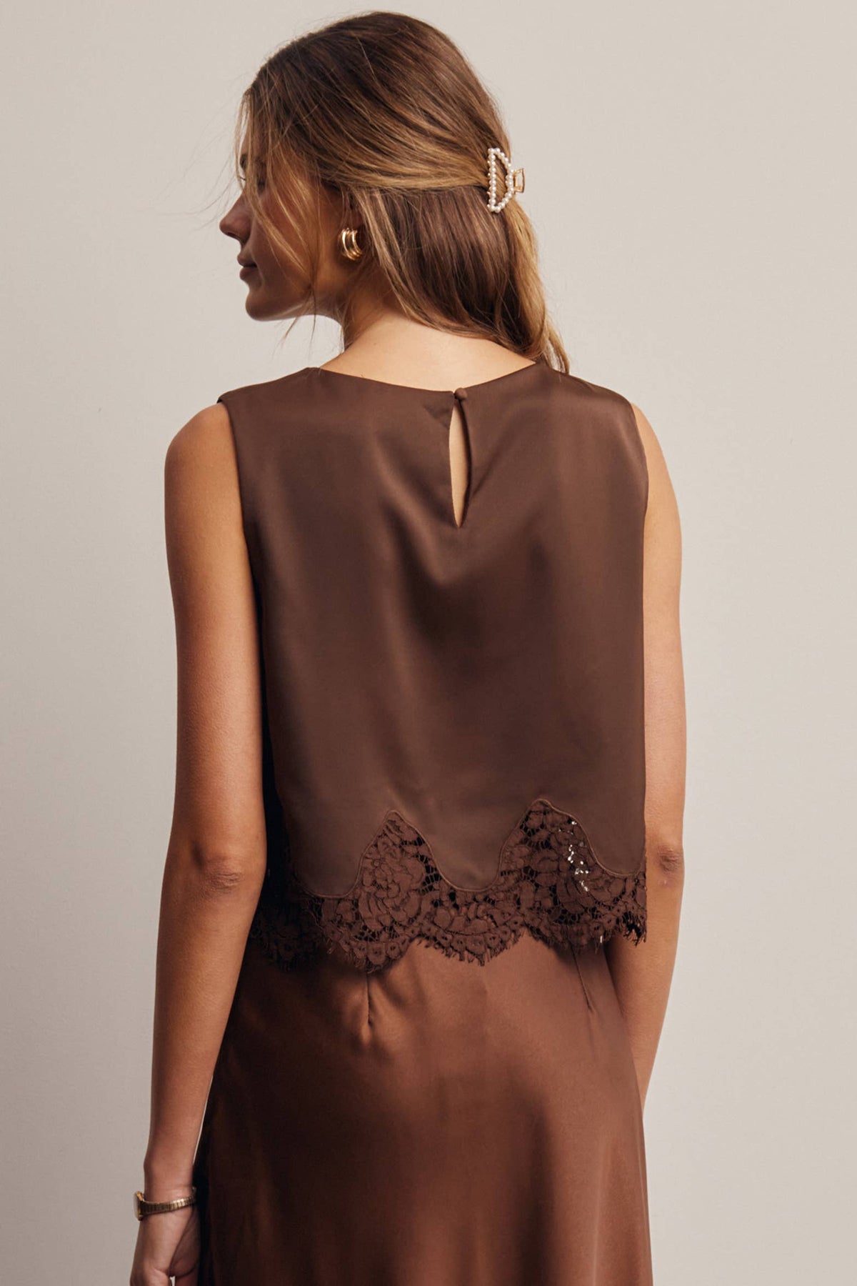 Forte Satin Lace-Hem Sleeveless Top - Slate Blue